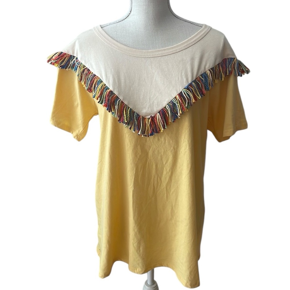BIBI Saddle‎ Up Women’s Colorful Fringe Detail Tee in Yellow Size Large
